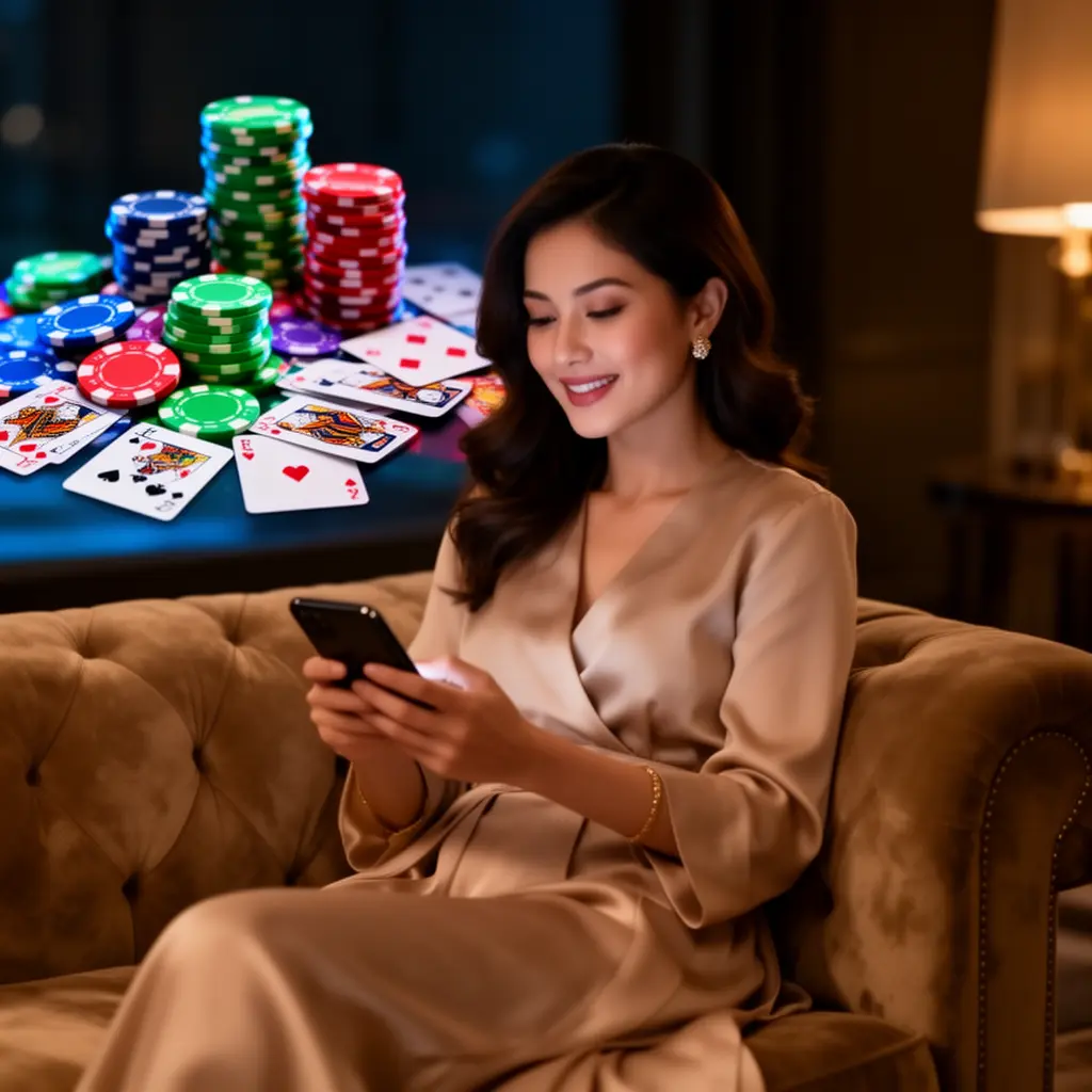 Elegant Malaysian woman relaxing on a sofa while using the AP333 casino app with glowing chips and cards creating a premium mobile gaming mood
