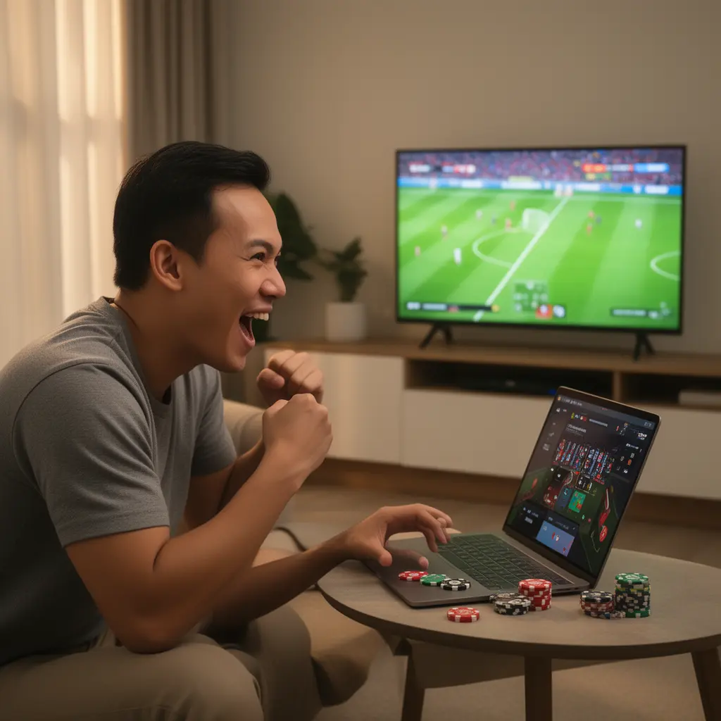 Happy Malaysian bettor celebrating a winning moment while placing live sports bets on a laptop with AP333 at home