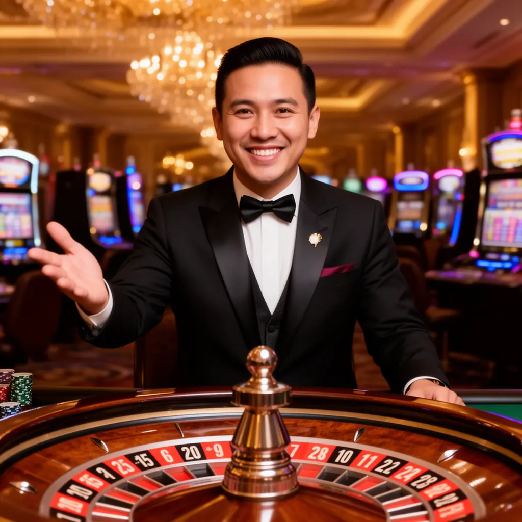 Professional live casino dealer standing at a roulette table with a welcoming gesture inside the luxurious AP333 online casino platform for Malaysia
