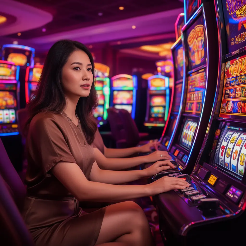 A focused Malaysian woman playing a modern slot machine in a vibrant casino atmosphere at AP333 with colorful lights and immersive gaming action